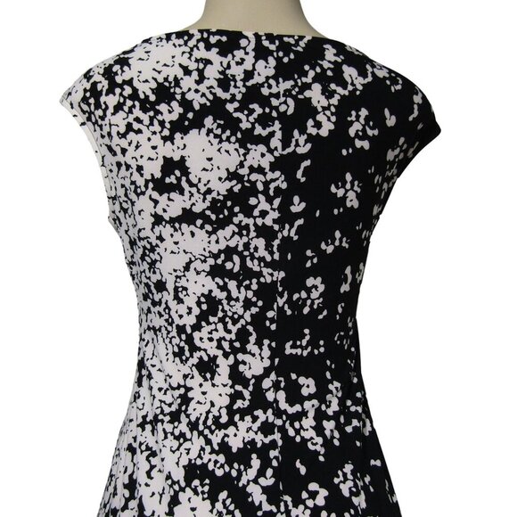 LAUREN RALPH LAUREN Knit ABSTRACT Ruched Black White Career Sheath Mod Dress 4 - Picture 7 of 11